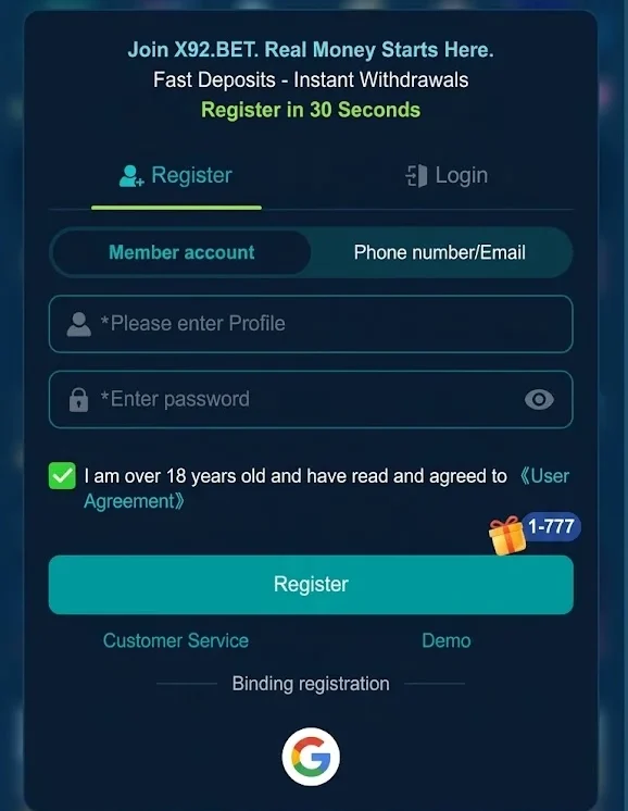 X92.BET game login and register Image